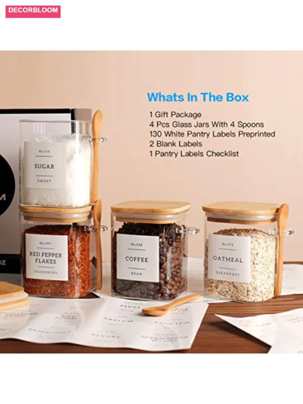 Set of 4 Square Glass Jars with Bamboo Lids and Spoons - Airtight 27 oz